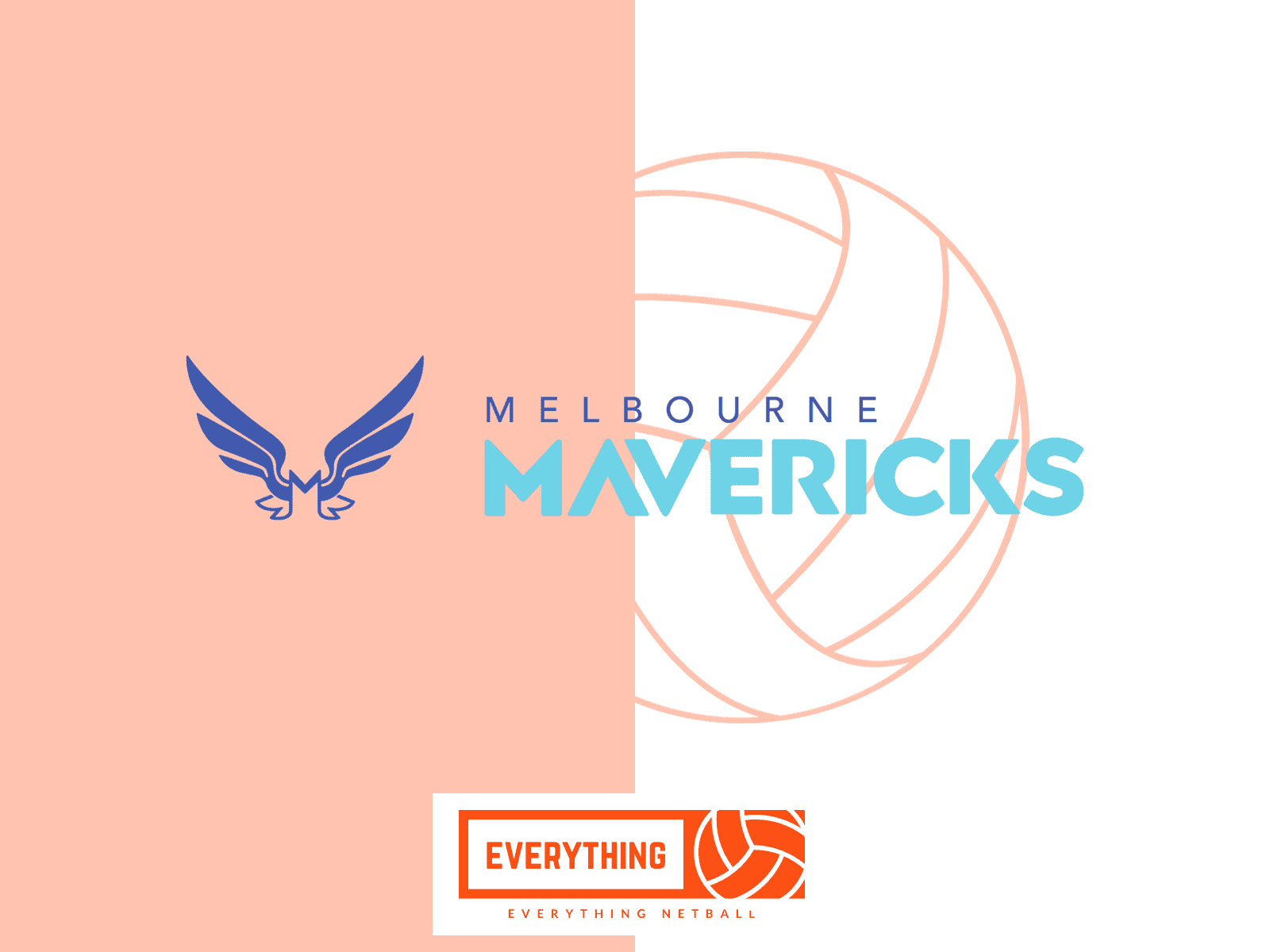 Melbourne Mavericks logo over the top of a split light orange and white background with a light orange netball icon